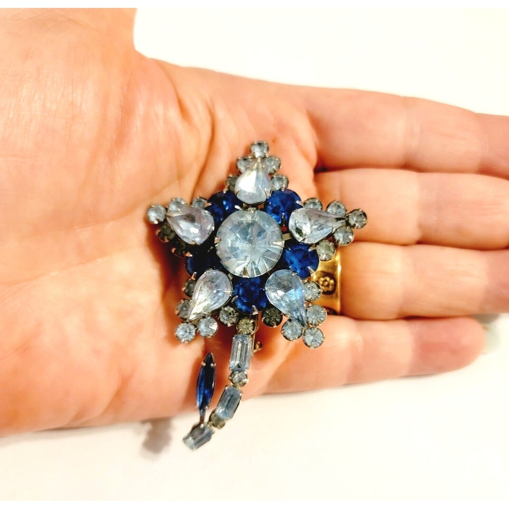 Vintage Large Blue Rhinestone Flower Brooch Pin,  Mid-Century Layered Glass